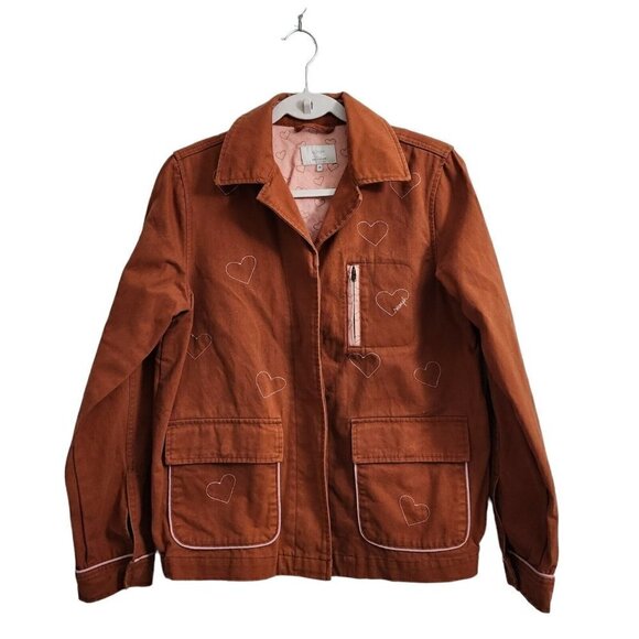Numph Womens Jacket Medium 38 Brown Heart Print Pockets Button-Up - Picture 1 of 9